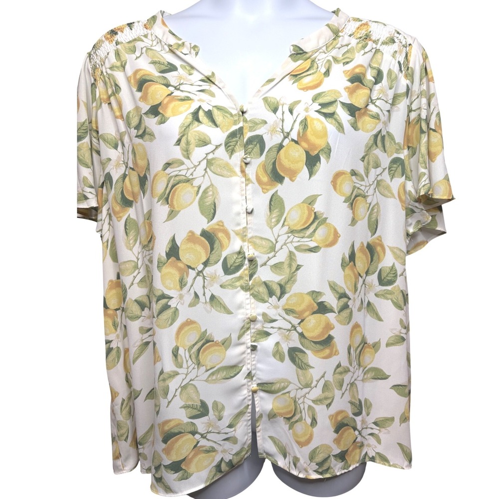ROSE + OLIVE Womens White Lemon Print Button Front Blouse 3X Smocked Cottagecore